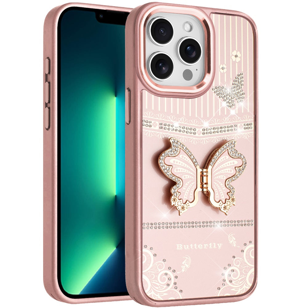 Phone Case for Apple iPhone 13 Pro Max Glitter Bling Butterfly Stand Metallic Edge Hybrid Shockproof Grip Durable Camera Protection Stylish Design Cover Rose Gold