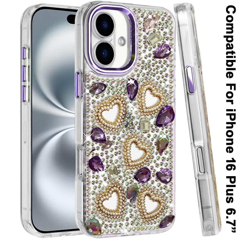 Phone Case for Apple iPhone 16 Plus Luxury Crystal Heart Rhinestone Diamond Bling Shockproof Hybrid Glitter Protective Stylish Durable Grip Cover