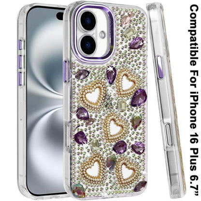 Phone Case for Apple iPhone 16 Plus Luxury Crystal Heart Rhinestone Diamond Bling Shockproof Hybrid Glitter Protective Stylish Durable Grip Cover