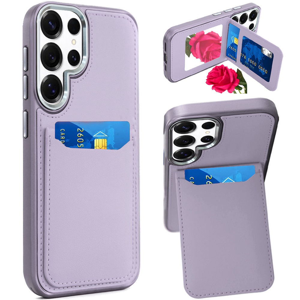 For Samsung Galaxy S24 Ultra PU Leather Wallet Cover with Credit Card Holder, Kickstand & Mirror Inside Slim Fit TPU & PC Hybrid Design Case Cover
