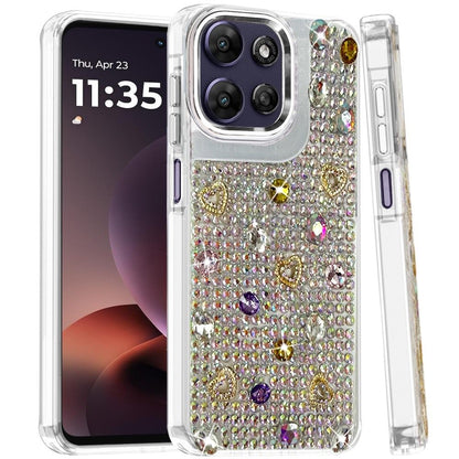 Phone Case for Moto G Power 5G (2026/2025) Chrome Fashion Hybrid Bling Diamond Heart Rhinestone Decorative Stones Sparkling Embellished Design Cover