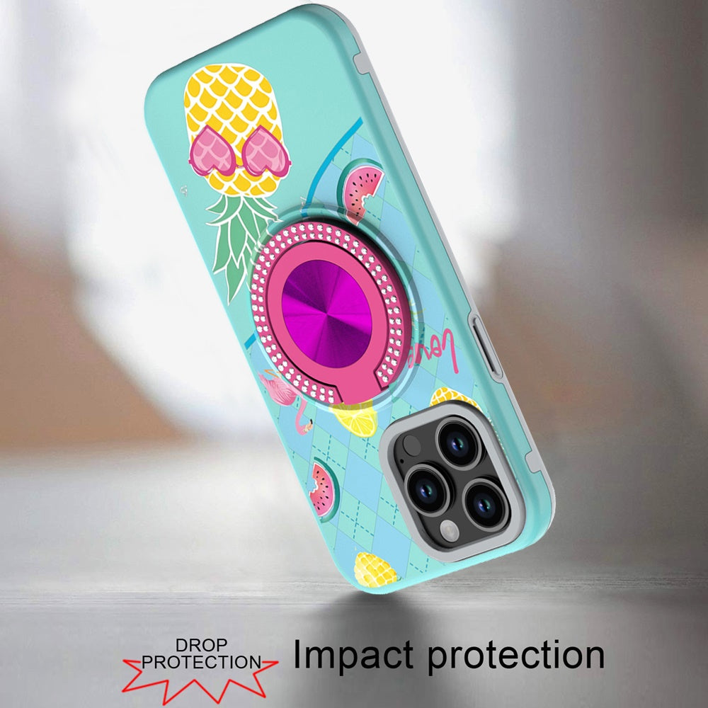 For Apple iPhone 15 Pro Max Pattern Design Hybrid with Invisible Ring Stand & Magnetic Back, Shockproof Protective Grip Case Cover