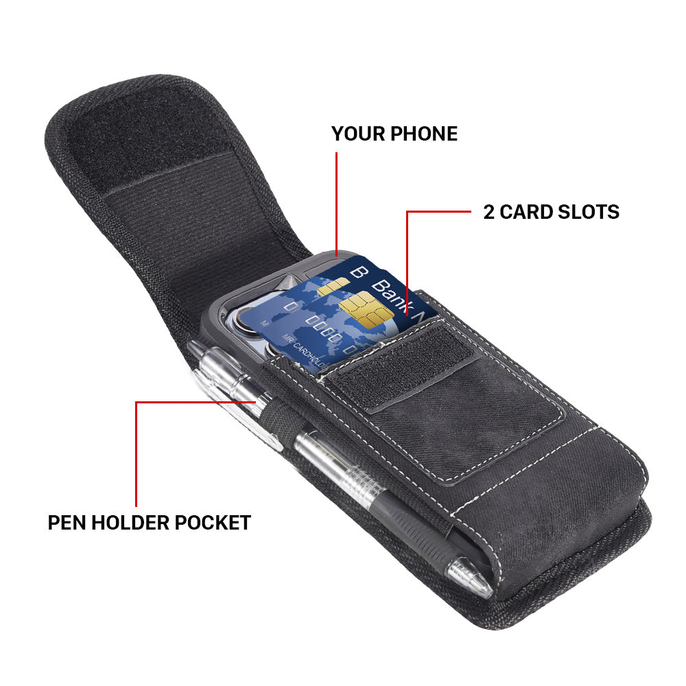 For Apple iPhone 16 Pro (6.3") Universal Vertical Denim Fabric Case Holster with 2 Card Slots, Pen Holder, Belt Clip Loop & Hook Carrying Large Phone Pouch [Black Denim]
