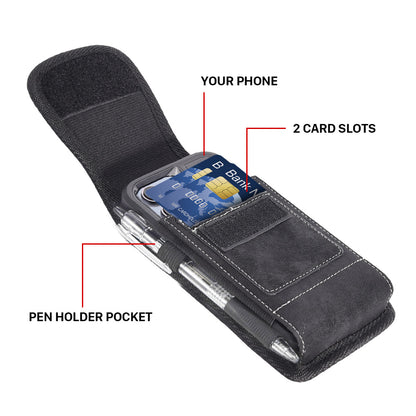 For Apple iPhone 16 Pro (6.3") Universal Vertical Denim Fabric Case Holster with 2 Card Slots, Pen Holder, Belt Clip Loop & Hook Carrying Large Phone Pouch [Black Denim]