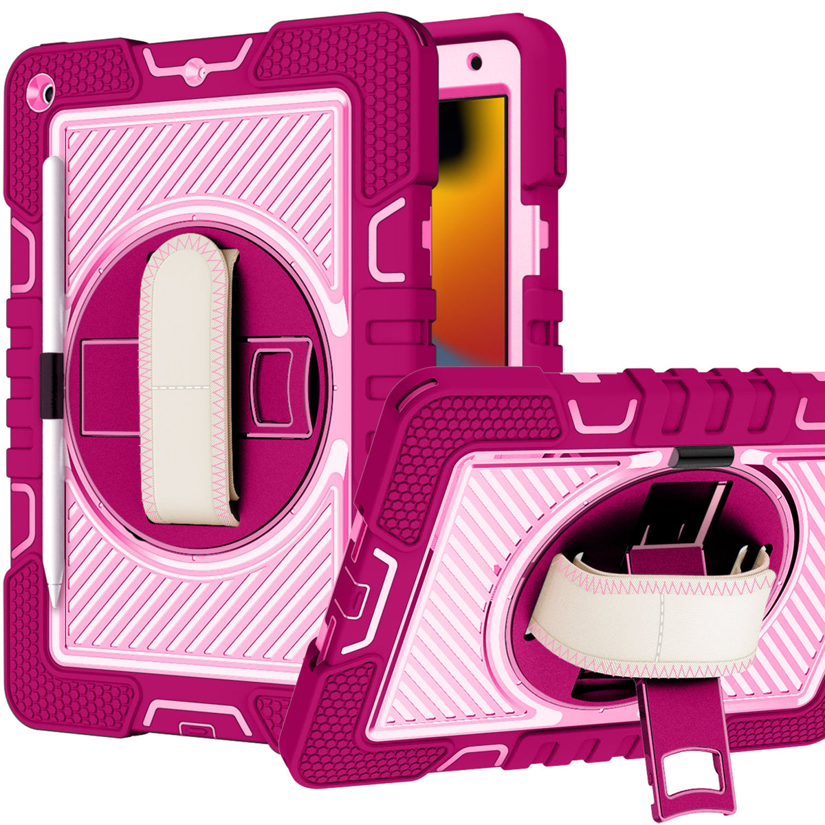Tablet Case for Samsung Tab S10 FE Plus, Tab S10 FE+ (13 inch) Multi Functional 3in1 Kickstand Hand Strap Shoulder Strap Pencil Holder Heavy Duty Shock Absorbing Rugged TPU Cover Pink
