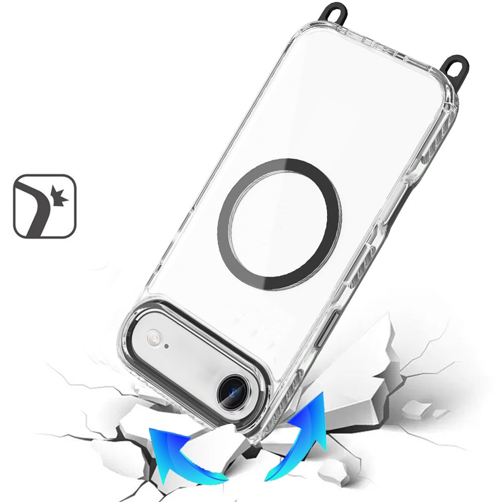 For Apple iPhone 17 Air (6.6") Clear Magnetic Frame PC Back Shockproof Protective Case with Detachable Lanyard Strap, Compatible with MagSafe Case Cover Black