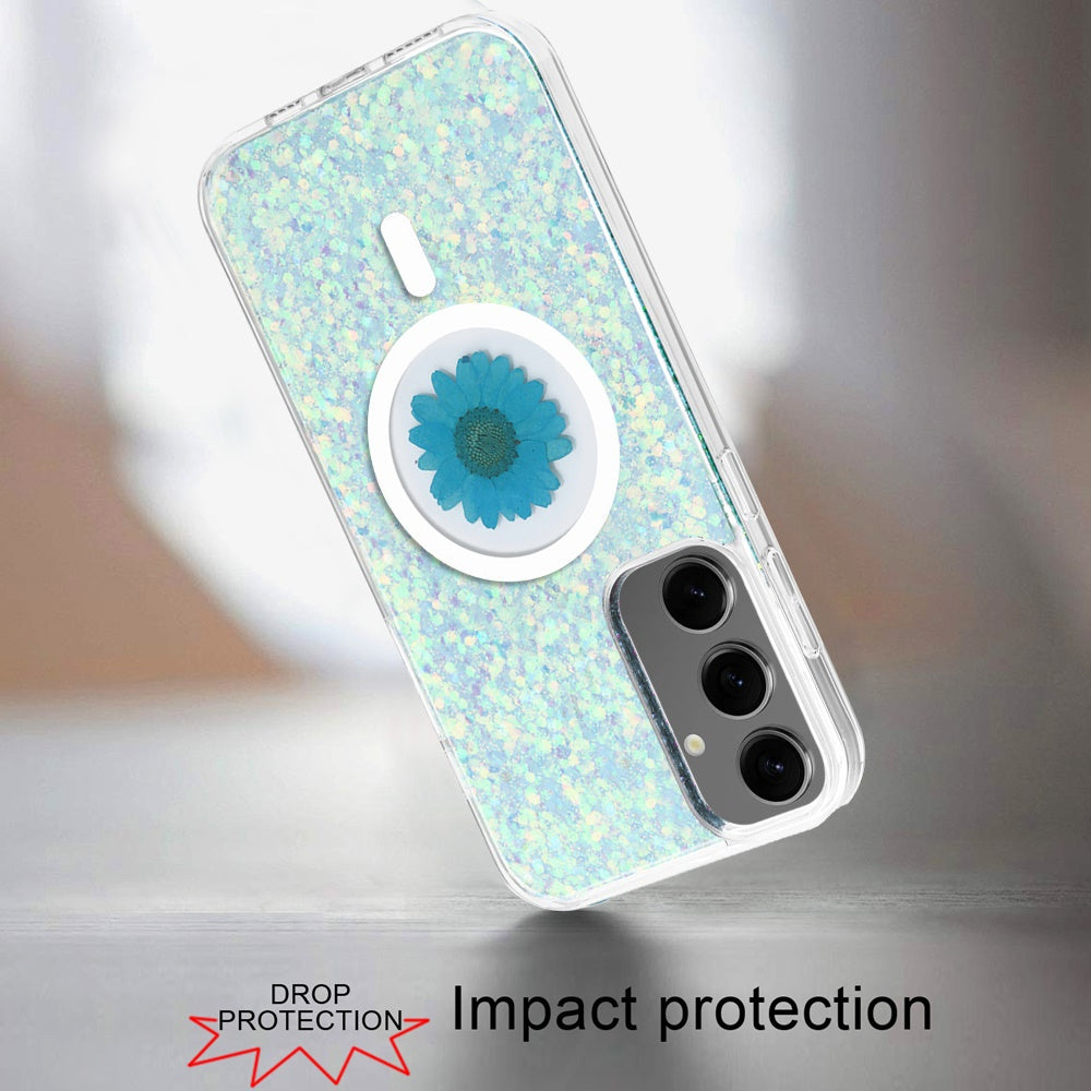 For Apple iPhone 17E /16E MagSafe Compatible Glitter Flower Epoxy Hybrid Slim TPU Case, Magnetic Circle Design, Sparkly Bling Protective Case Cover