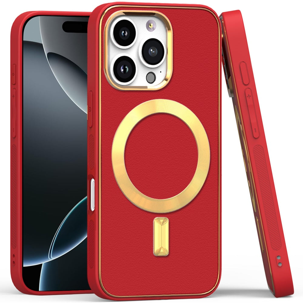 For Apple iPhone 16 Pro PU Leather Hybrid Magnetic MagSafe Compatible Shockproof Protection Finish Secure Grip Slim Design Case Cover Red