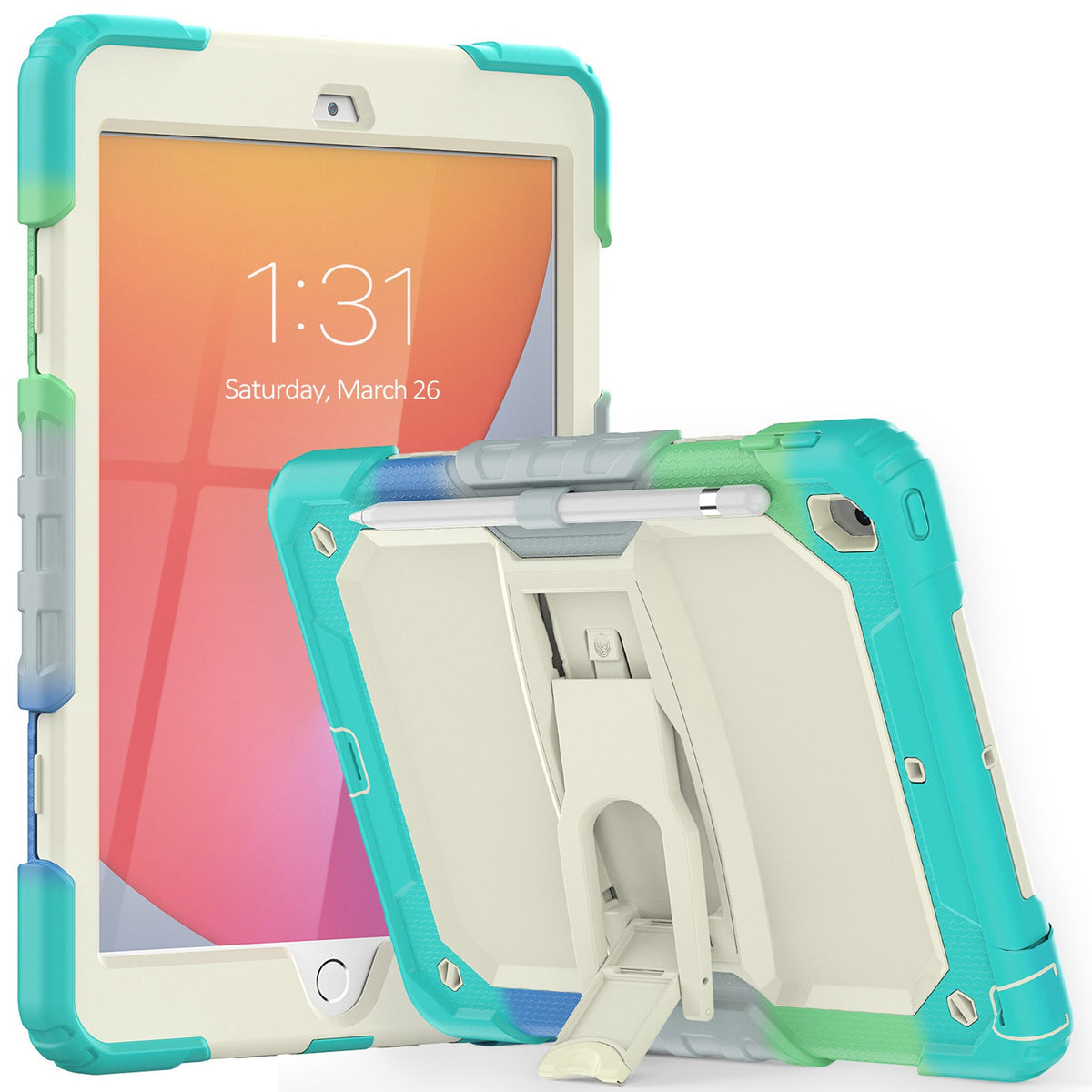 For Heavy Duty Hybrid Full Body 2in1 Rugged Shockproof Drop Protective Tablet with Slide Kickstand Beige / Camo Mint Tablet Case Cover