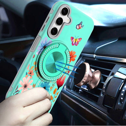 Phone Case for Galaxy A17 5G Magnetic Ring Stand Matte Metal Hybrid Car Mount Friendly Shockproof Rotational Grip Diamond Design Pattern Cover