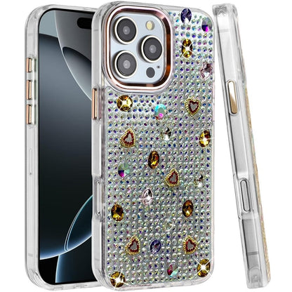 Phone Case for iPhone 16 Pro Max Chrome Fashion Hybrid Bling Diamond Heart Rhinestone Decorative Stones Sparkling Embellished Design Cover