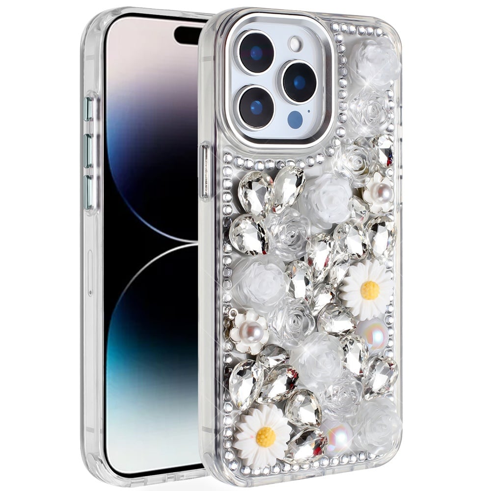 Phone Case for Apple iPhone 14 Pro Max Full Bling Rhinestone Glitter Floral Luxury Hybrid Shockproof Stylish Sparkling Protective Designer Ornament Cover White