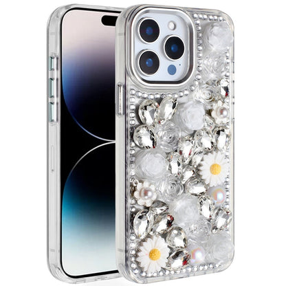 Phone Case for Apple iPhone 14 Pro Max Full Bling Rhinestone Glitter Floral Luxury Hybrid Shockproof Stylish Sparkling Protective Designer Ornament Cover White