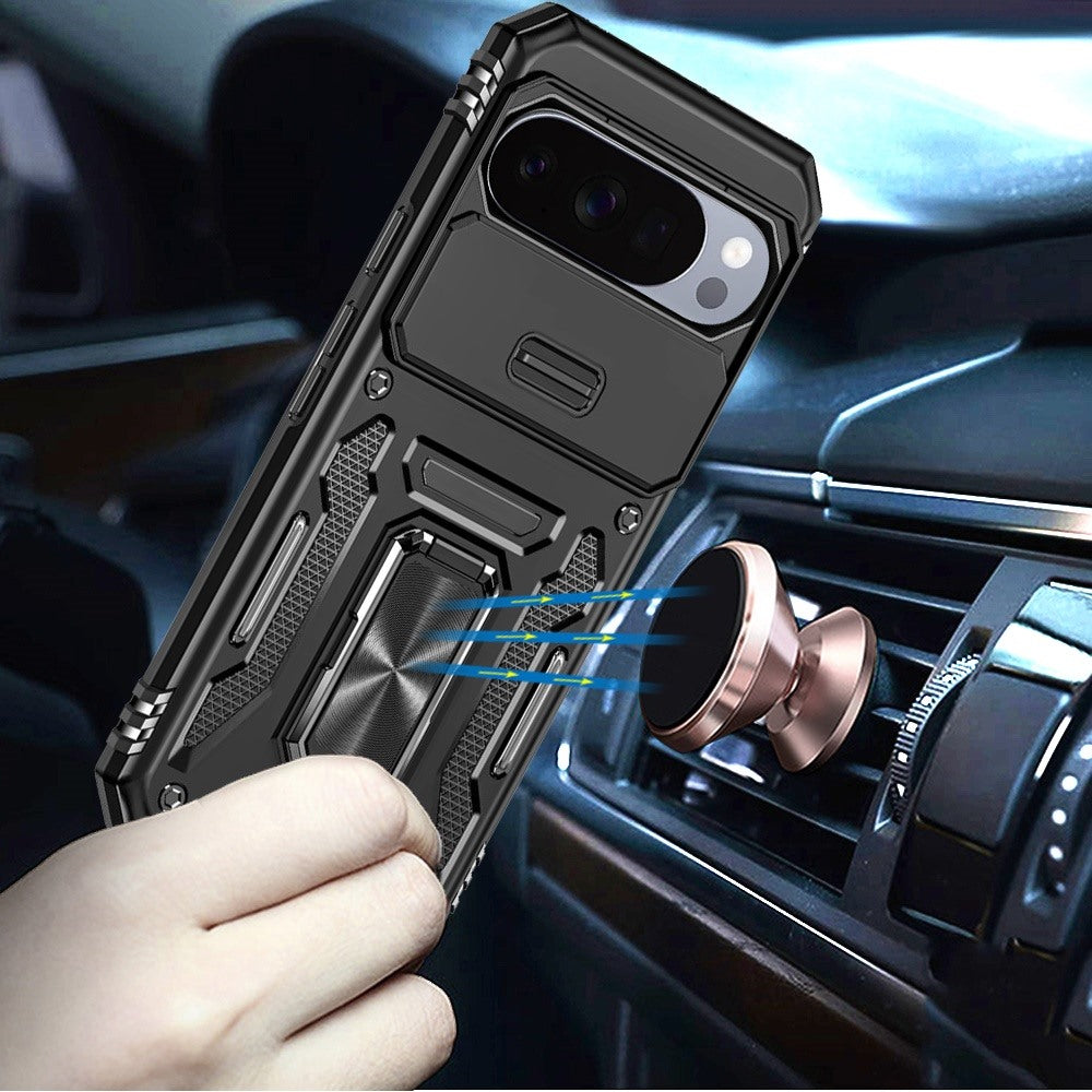 Phone Case for Google Pixel 11 Pro XL Tough Metal Ring Shockproof Sliding Camera Window Hybrid Armor Rugged Anti Slip Heavy Duty Grip Cover