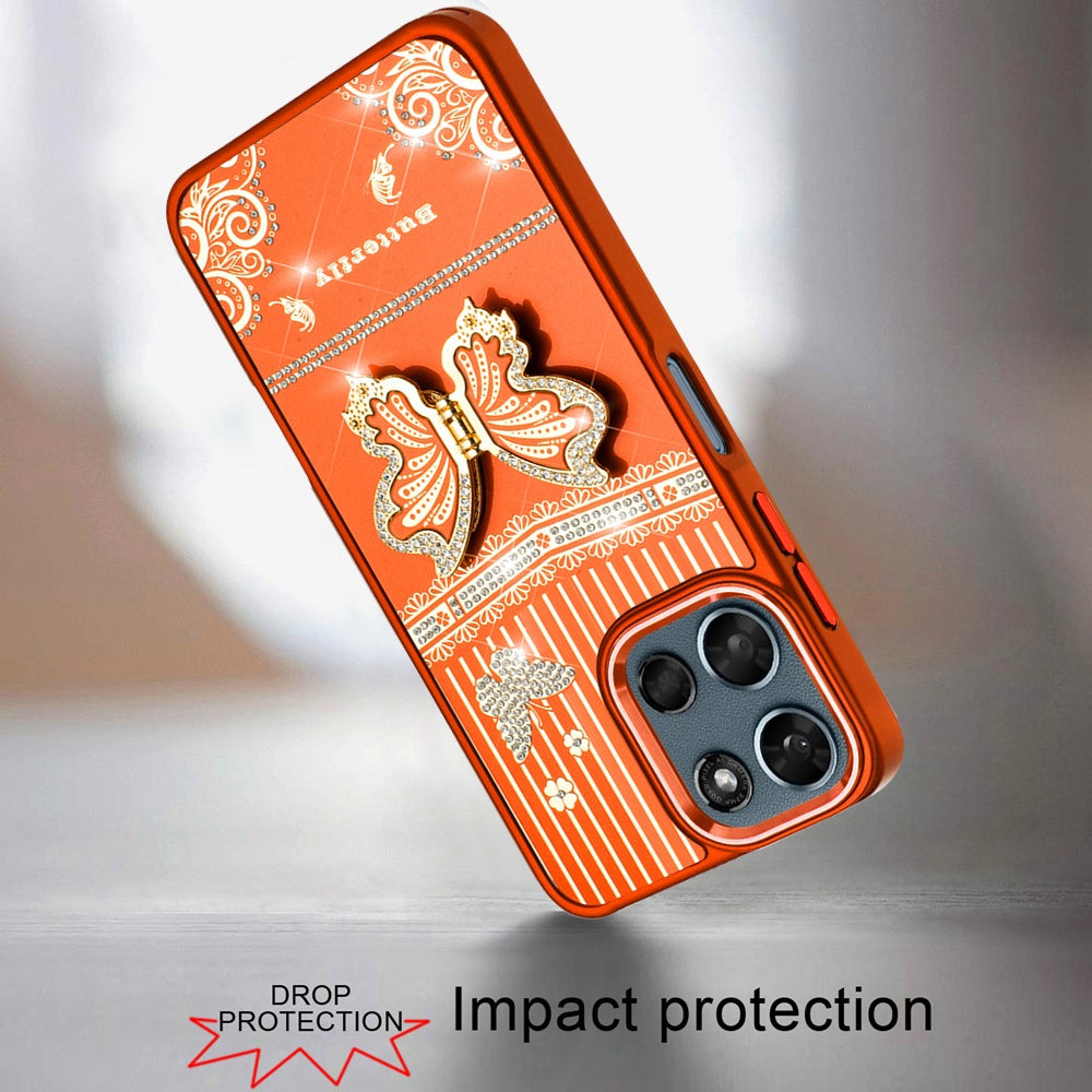 For Motorola Moto G Play 5G 2026 Glitter 3D Butterfly Design Bling Metallic Edge Hybrid Stand Drop Protection TPU Shockproof Case Cover Cosmic Orange