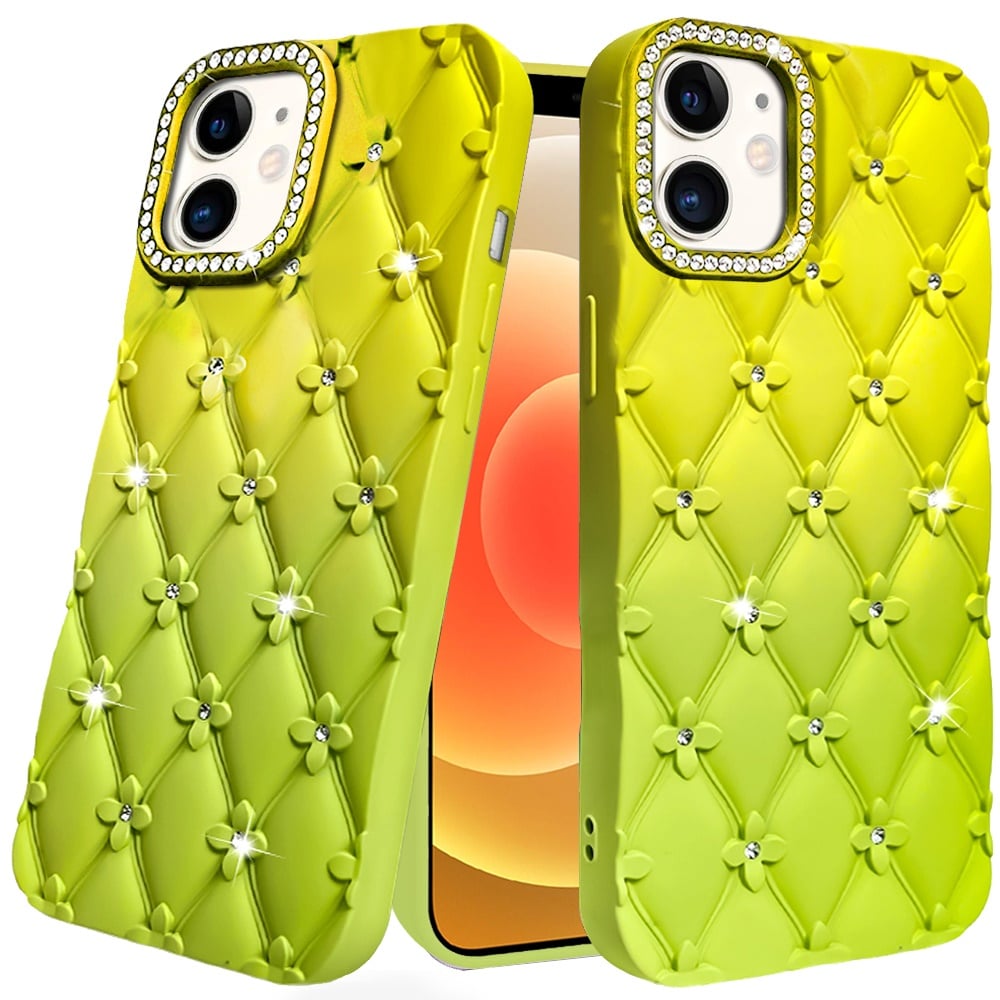 For iPhone 12 / iPhone 12 Pro (6.1") Fashion Flower Design Sparkle Glitter Shimmer Rhinestone Bling Floral Accents, Leather Texture TPU Case Cover
