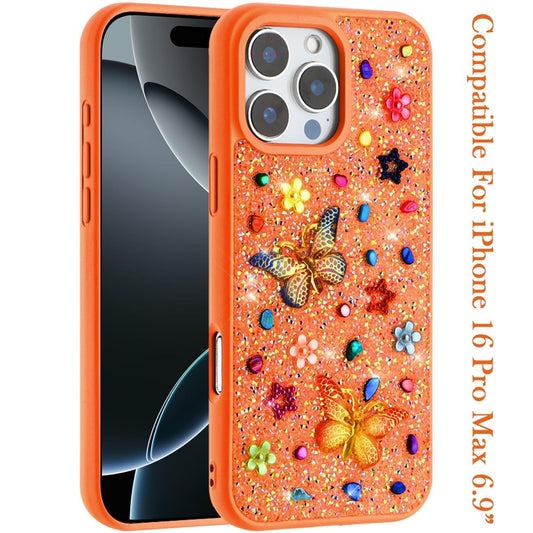 Phone Case for Apple iPhone 16 Pro Max 3D Butterfly Diamond Bling Glitter Shockproof Stylish Protective Luxury Hybrid Sparkly Durable Grip Design Cover Cosmic Orange