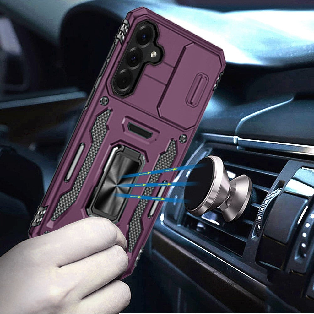 Phone Case for Samsung Galaxy A27 Tough Metal Ring Shockproof Sliding Camera Window Hybrid Armor Rugged Anti Slip Heavy Duty Grip Cover Purple