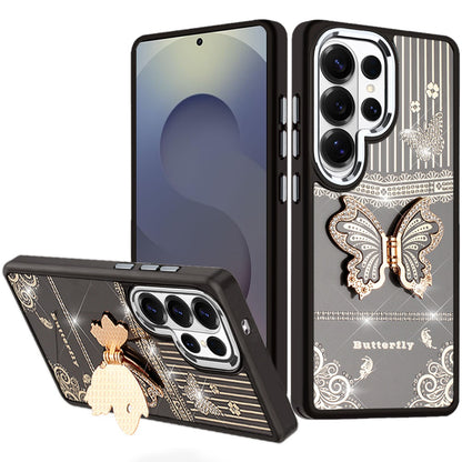 For Samsung Galaxy S25 Ultra Glitter 3D Butterfly Design Bling Metallic Edge Hybrid Stand Drop Protection TPU Shockproof Case Cover