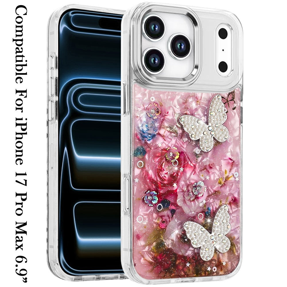 Phone Case for Apple iPhone 17 Pro Max Glitter Butterfly Design Metal Buttons Shockproof Hybrid Anti Scratch Durable Protective Slim Grip Stylish Cover