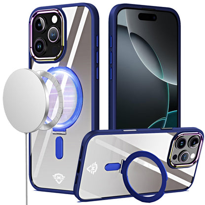 For Apple iPhone 16 Pro Magnetic Ring Stand Hybrid MagSafe Compatible Shockproof Protection Transparent Back Alloy Chrome Grip Case Cover Navy Blue