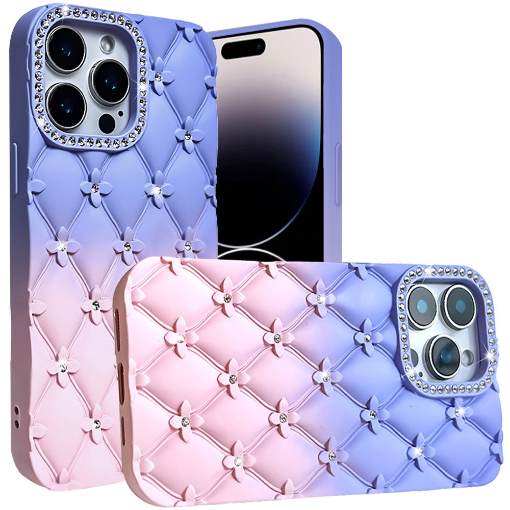 For Apple iPhone 13 Pro Max (6.7") Fashion Flower Design Sparkle Glitter Shimmer Rhinestone Bling Leather Feel Thick TPU Rubber Hard PC Case Cover