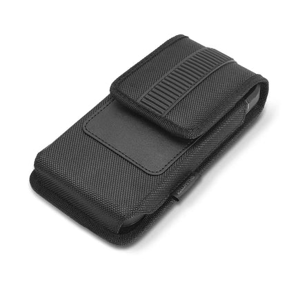 For Apple iPhone 16 Pro (6.3") Universal Vertical Nylon Phone Case Carrying Pouch Cover with Card Storage Pocket & Belt Clip Loop Holster Front Grip [Black]