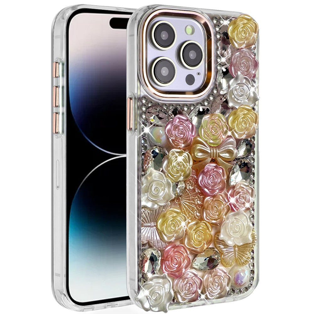 For iPhone 14 Pro Max (6.7") Muti-Color Floral Fashion Bling Crystal 3D Full Diamonds Stones Sparkle Rhinestone Glitter Hybrid Case Cover Green