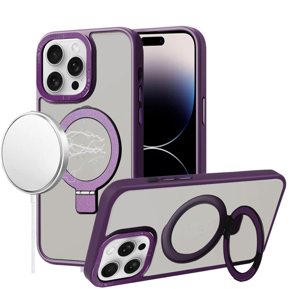 Phone Case for Apple iPhone 14 Pro Max Metal Chrome Magnetic Circle Kickstand Shockproof Matching Camera Protector Durable Grip Hybrid Armor Cover Purple