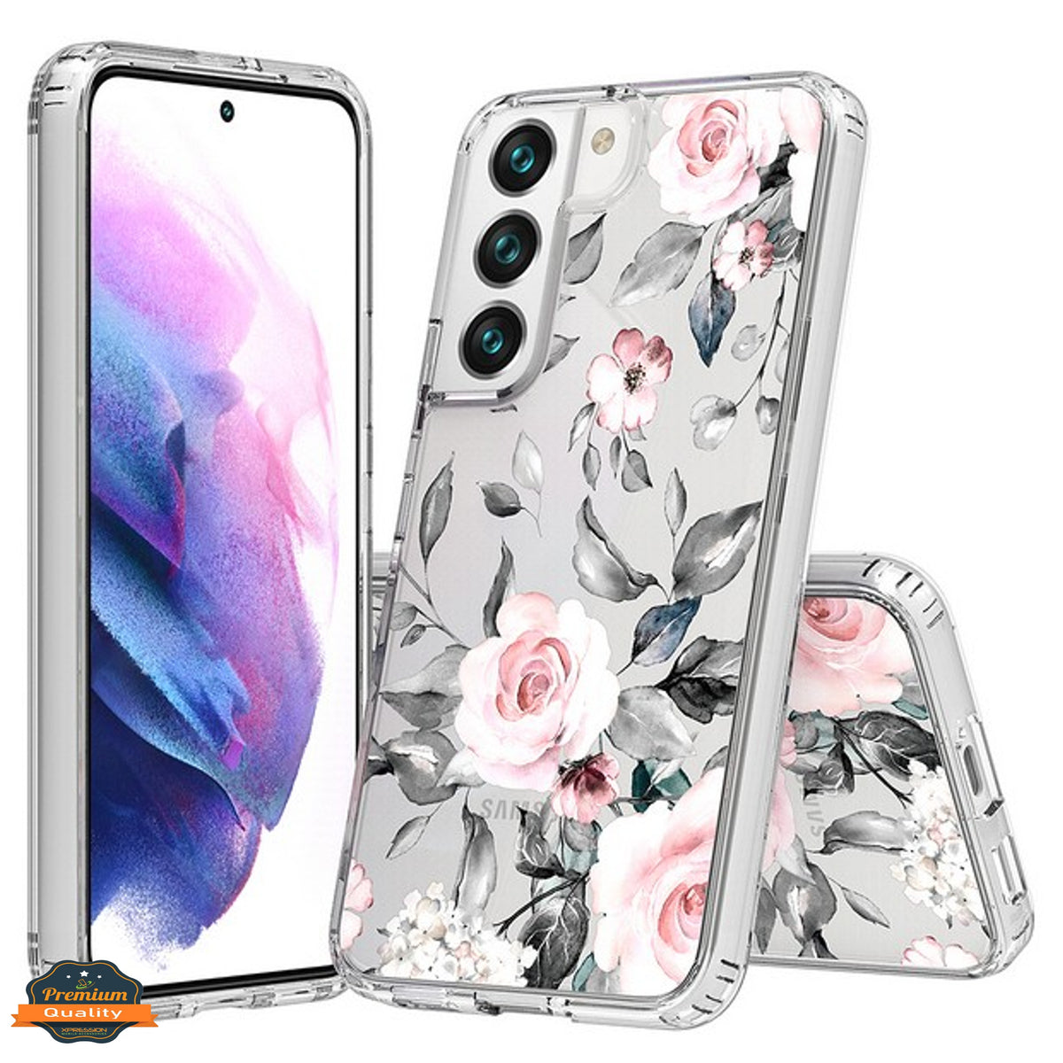 For Samsung Galaxy S25+ S25 Plus /S24+ Floral Pattern Hybrid Transparent TPU Silicone, Shock Absorption Bumper, Hard Back Slim Case Cover