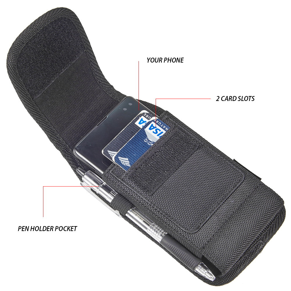 For Apple iPhone 16 Plus (6.7") Universal Vertical Nylon Pouch Cell Phone Case Holster with 2 Credit Card Slot, Belt Clip Loop, Velcro closure Cover [Black]