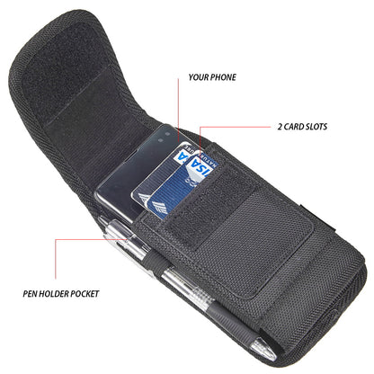 For Apple iPhone 16 Plus (6.7") Universal Vertical Nylon Pouch Cell Phone Case Holster with 2 Credit Card Slot, Belt Clip Loop, Velcro closure Cover [Black]