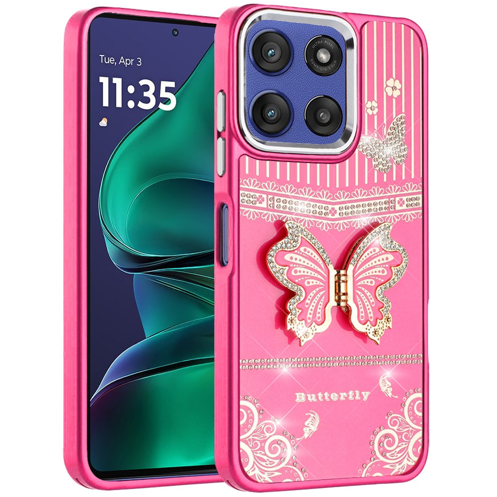 For Motorola Moto G Stylus 5G 2026 /2025 Glitter 3D Butterfly Design Bling Metallic Edge Hybrid Stand Drop Protection TPU Shockproof Case Cover