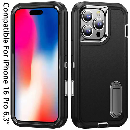 For Apple iPhone 16 Pro Hybrid 3 Layers Hard 3in1 Shockproof with Kickstand Heavy Duty Hard TPU Rubber Anti-Drop Case Cover Black +Black