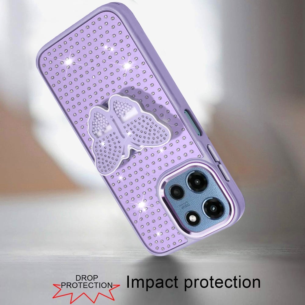 Phone Case for Motorola Moto G Play 5G 2026 Butterfly Grip Pop Stand Diamond Sparkle Hybrid Shockproof Metal Button Slim Protective Grip Decorative Design Cover Purple