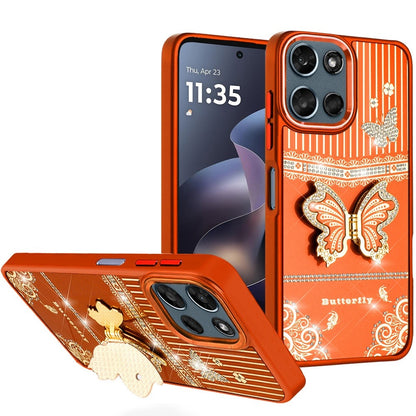 For Motorola Moto G 5G 2026/2025 Glitter 3D Butterfly Design Bling Metallic Edge Hybrid Stand Drop Protection TPU Shockproof Case Cover Cosmic Orange