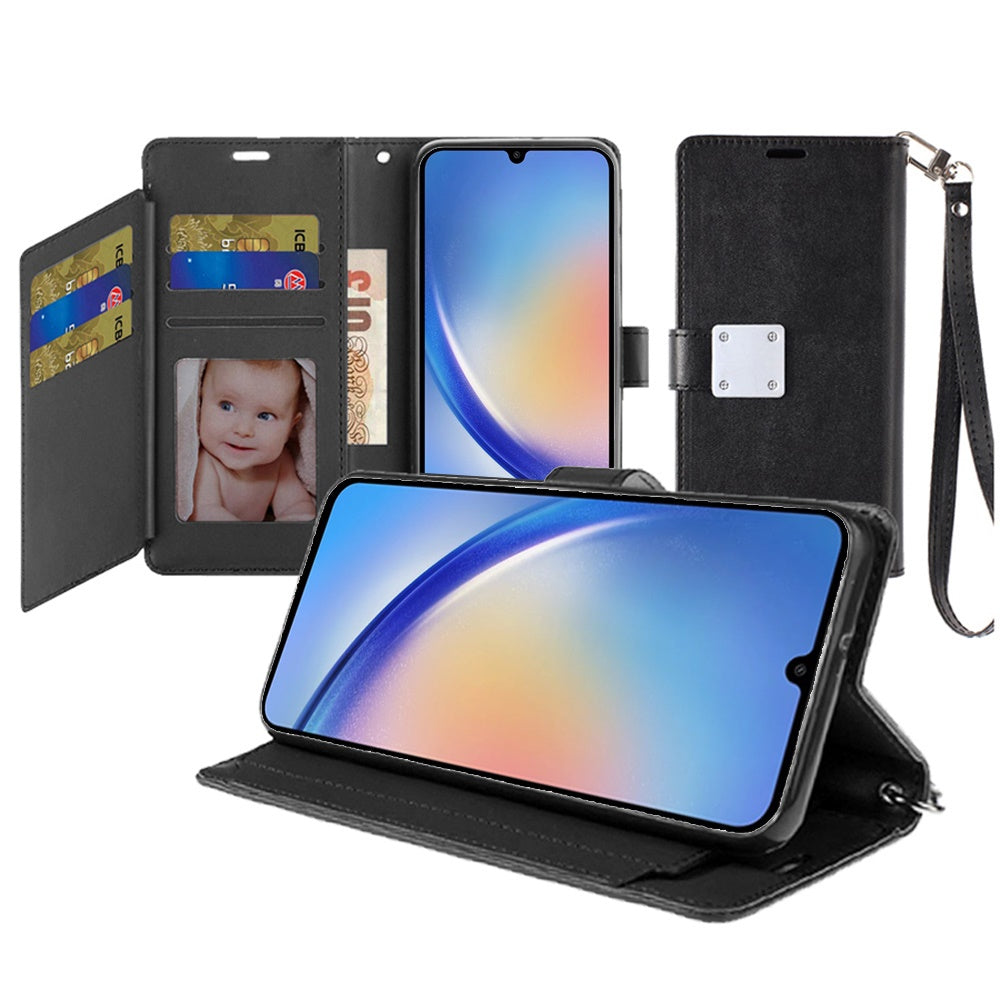 For Samsung Galaxy A36 Premium Leather Wallet with Credit Card ID Slots Cash Holder, Duo Flip Pouch, Stand Function & Strap Case Cover Black