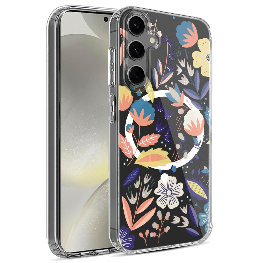 For Samsung Galaxy S25 /S24 Hybrid Flower Design Stylish Fashion Case, MagSafe Compatible, Thick Shockproof Hard PC Case Cover