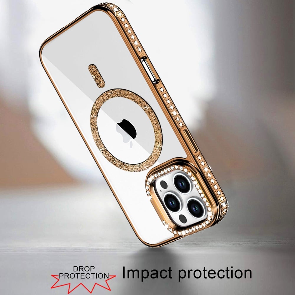 Phone Case for Apple iPhone 16 Pro Max Luxury Diamond Bling Edged Magnetic Glitter Shockproof Hybrid with Camera Kickstand Durable Grip Cover Gold