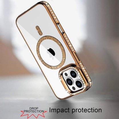 Phone Case for Apple iPhone 16 Pro Max Luxury Diamond Bling Edged Magnetic Glitter Shockproof Hybrid with Camera Kickstand Durable Grip Cover Gold
