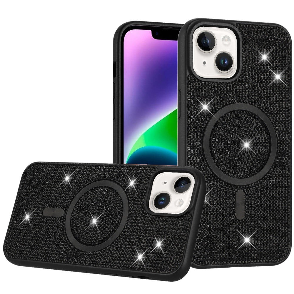 For Apple iPhone 16 Plus (6.7") Diamond Sparkly Bling Design Rhinestone Hybrid Skin TPU with Magnetic Circle MagSafe Compatible Case Cover
