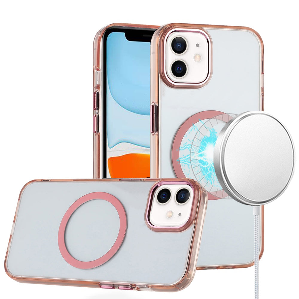 For Apple iPhone 11 Transparent Back Hybrid Case - Magnetic Circle, Color Frame, Metal Buttons, MagSafe Compatible Case Cover