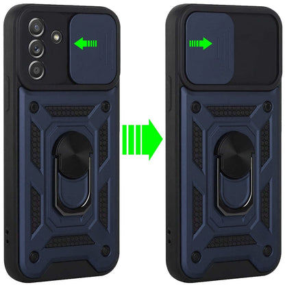 For Samsung Galaxy A15 5G Hybrid Case with Slide Camera Lens Cover, Ring Kickstand, Heavy-Duty Dual Layer TPU, Fit Magnet Car Mount Case Cover