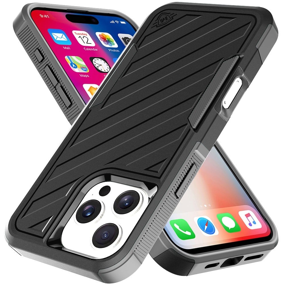 For Apple iPhone 16 Plus Hybrid lined shockproof dual layer Rugged 2in1 Hard PC & Silicone TPU Non Slip Textured Tough Armor Case Cover Black+Grey
