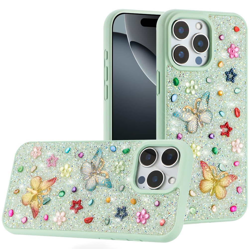 For iPhone 16 (6.1") Diamond Butterfly 3D Glitter Bling Design, Slim Hybrid Sparkle Protective Cover TPU for Women Girls Case Cover Teal