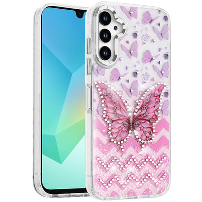 For Samsung Galaxy A16 5G Butterfly Resin Epoxy Diamond Design Metal Edged Hybrid Shockproof Heavy Duty Drop Protection Case Cover