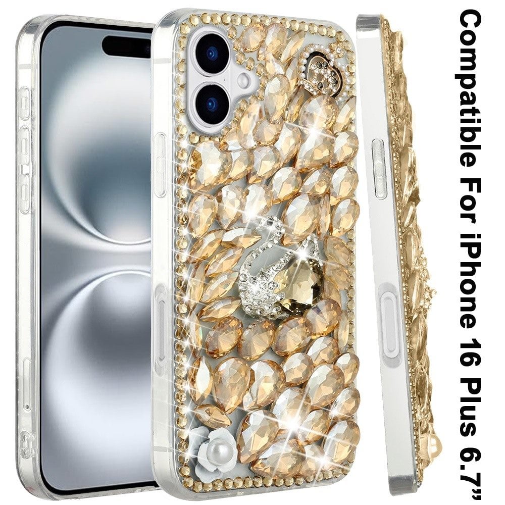 Phone Case for Apple iPhone 16 Plus Luxury Full Diamond Glitter 3D Floral Ornament Hybrid Shockproof Stylish Rhinestone Designer Protective Elegant Cover