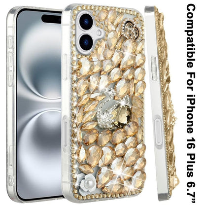 Phone Case for Apple iPhone 16 Plus Luxury Full Diamond Glitter 3D Floral Ornament Hybrid Shockproof Stylish Rhinestone Designer Protective Elegant Cover