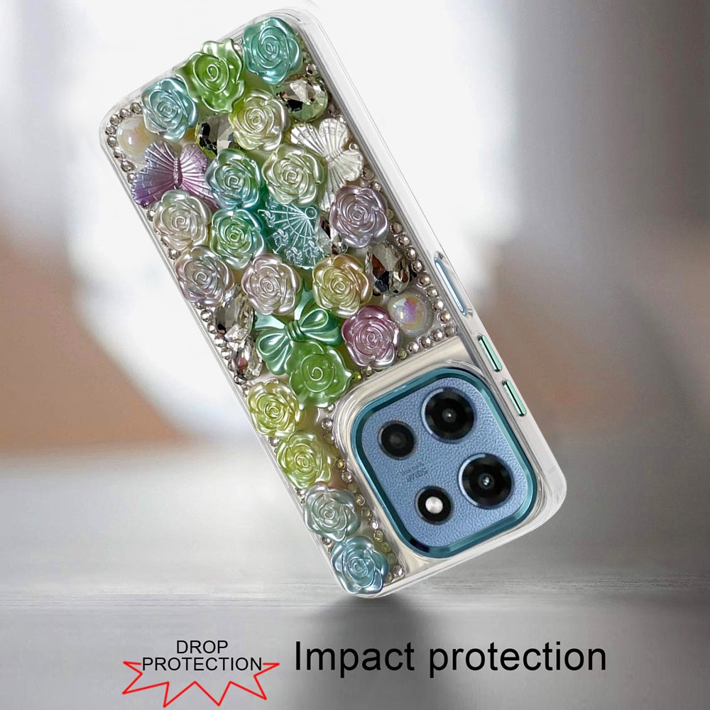 For Samsung Galaxy A57 3D Diamond Floral Roses Flower Bling Stone Hybrid, Sparkly Rhinestone Gemstone Back Shockproof Case Cover