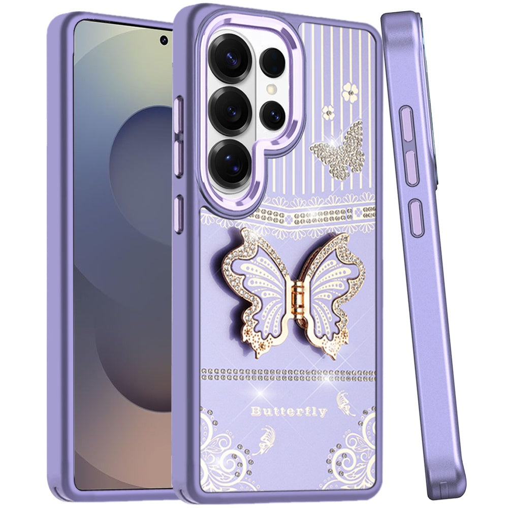 For Samsung Galaxy S25 Ultra Glitter 3D Butterfly Design Bling Metallic Edge Hybrid Stand Drop Protection TPU Shockproof Case Cover